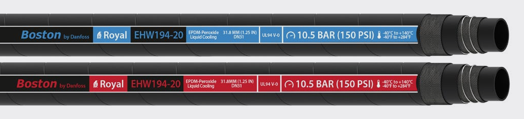 Royal EHW194-20 軟管標示示意（黑底兩條，藍/紅 layline）